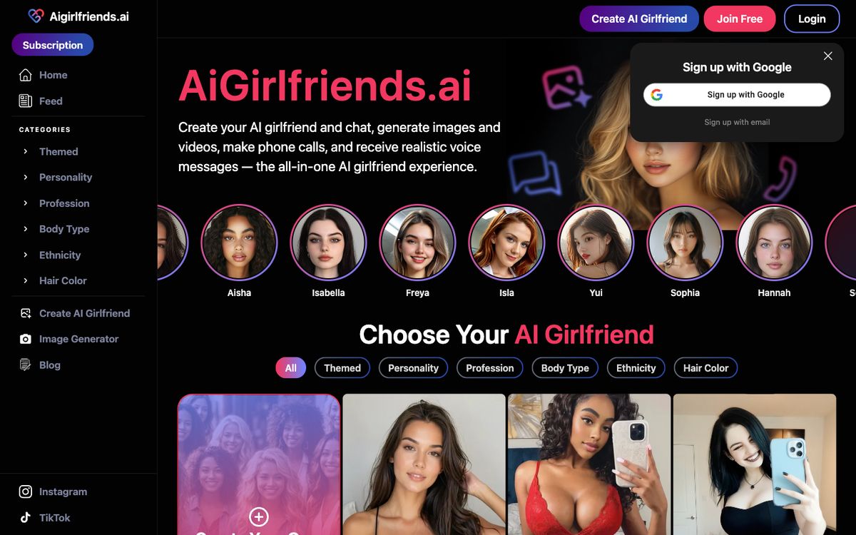 AIGirlfriends.ai home page on desktop, Oct 8, 2026