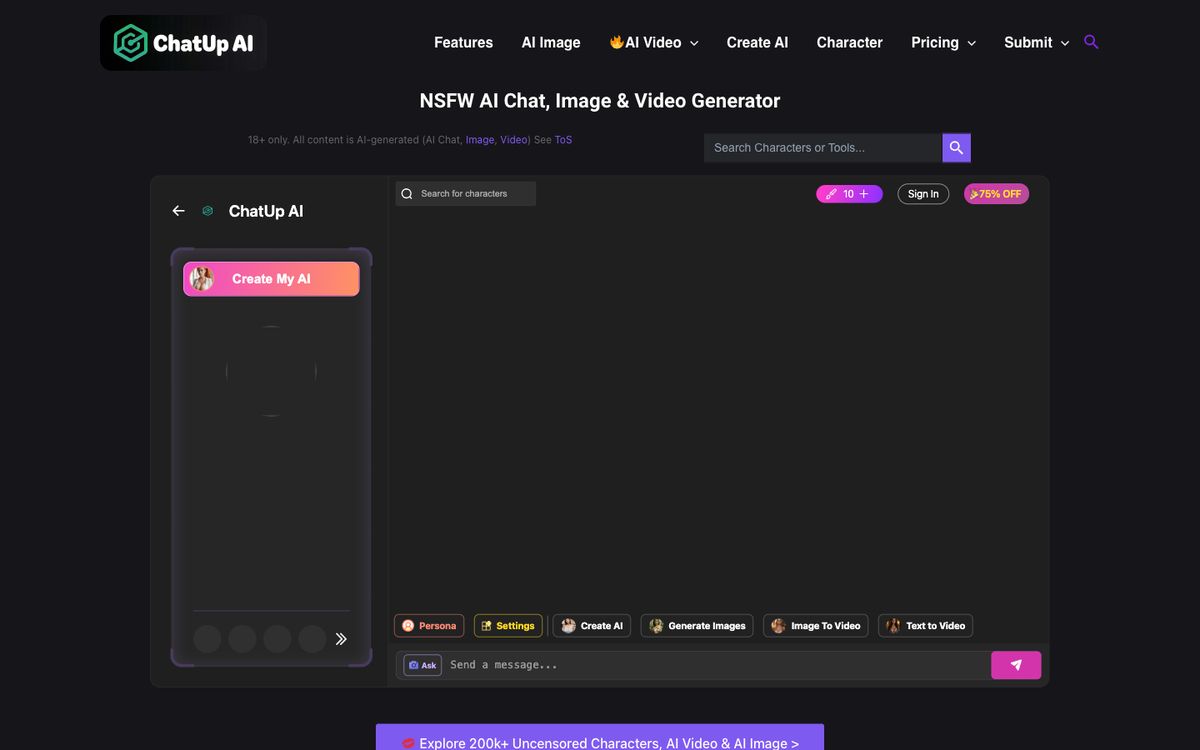 ChatUp AI Hentai home page on desktop, Oct 8, 2026