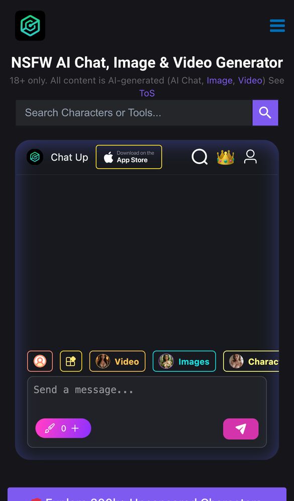 ChatUp AI Hentai home page on a phone, Oct 8, 2026