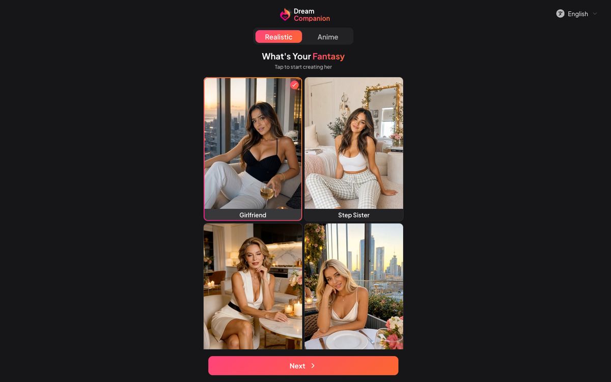 Dream Companion NSFW AI home page on desktop, Oct 8, 2026