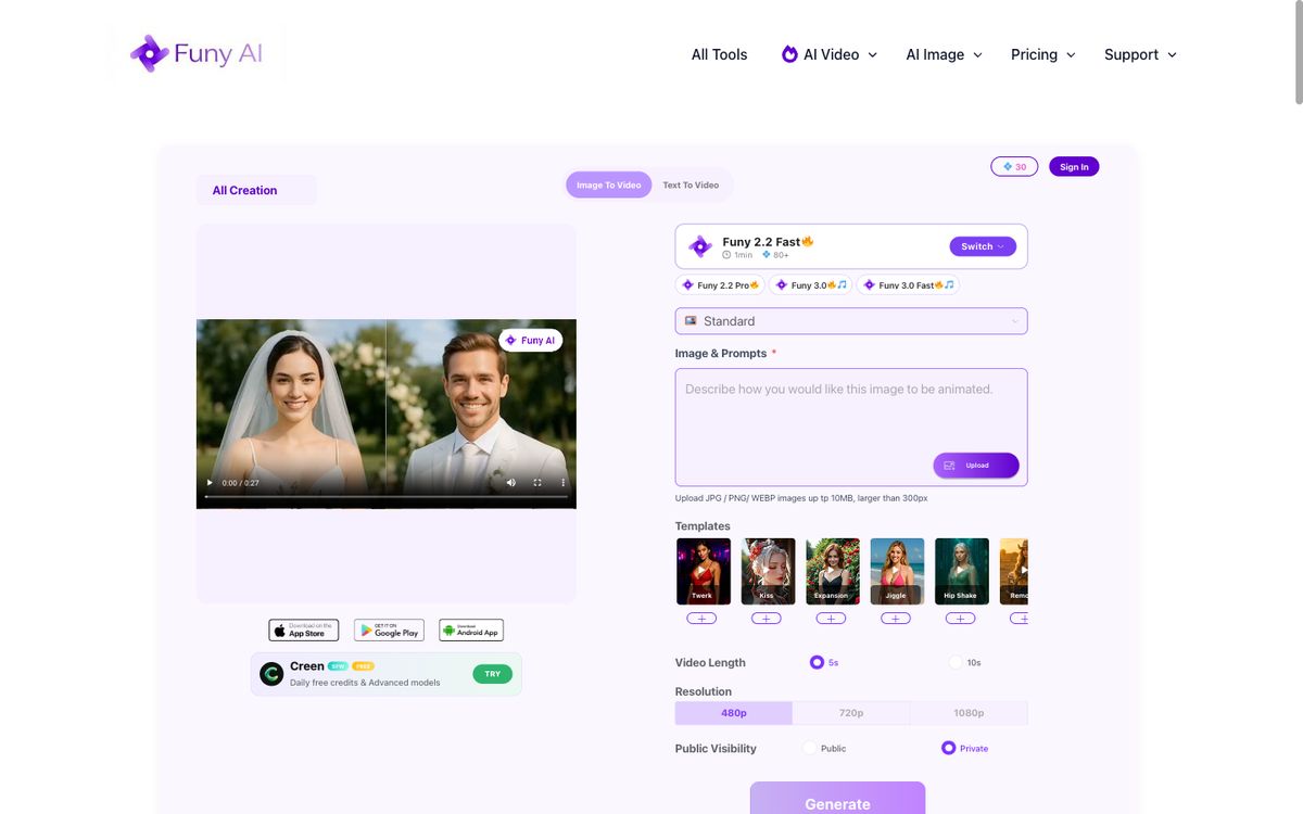 Funy AI home page on desktop, Oct 8, 2026