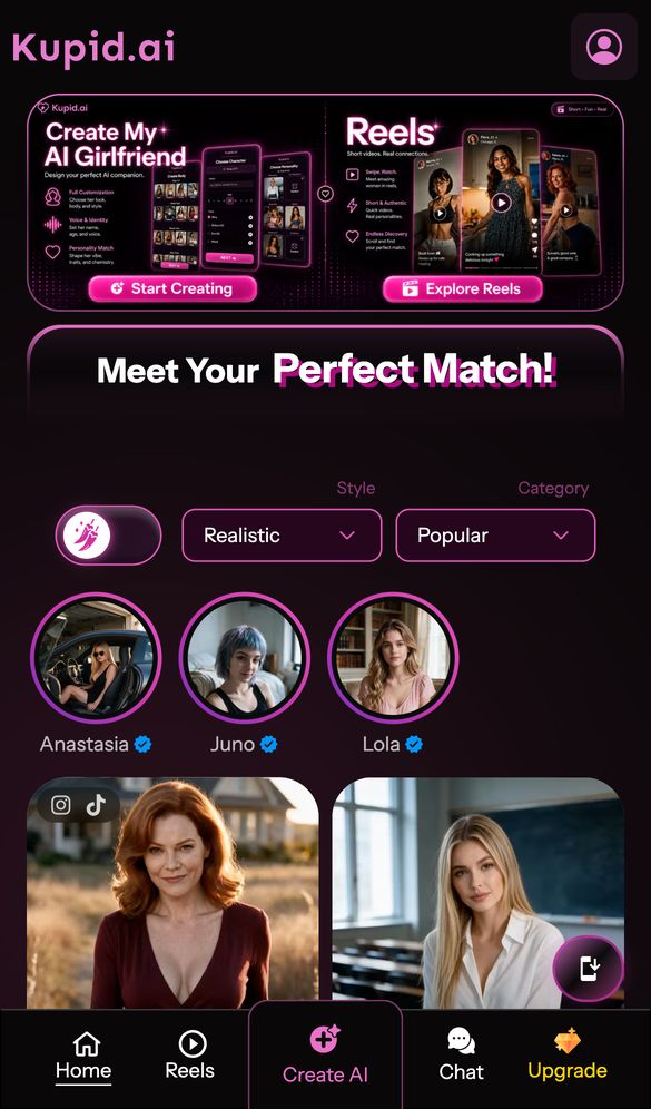 Kupid AI Girlfriend home page on a phone, Oct 8, 2026
