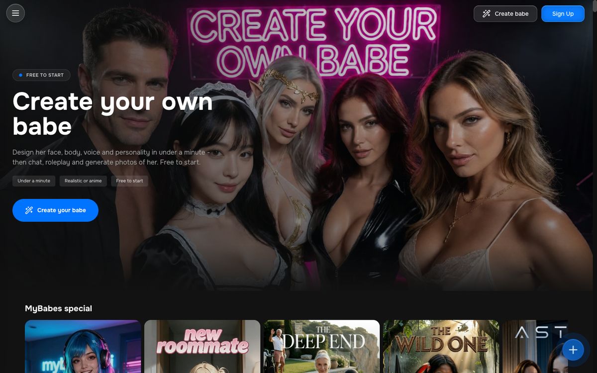 MyBabes AI home page on desktop, Oct 8, 2026