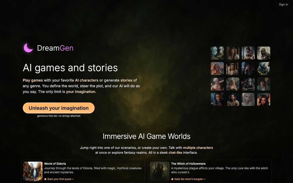 Role Play AI by DreamGen home page on desktop, Oct 8, 2026