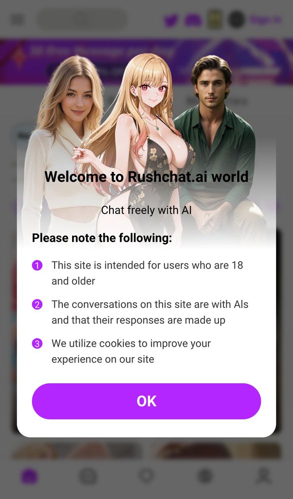 Rushchat home page on a phone, Oct 8, 2026