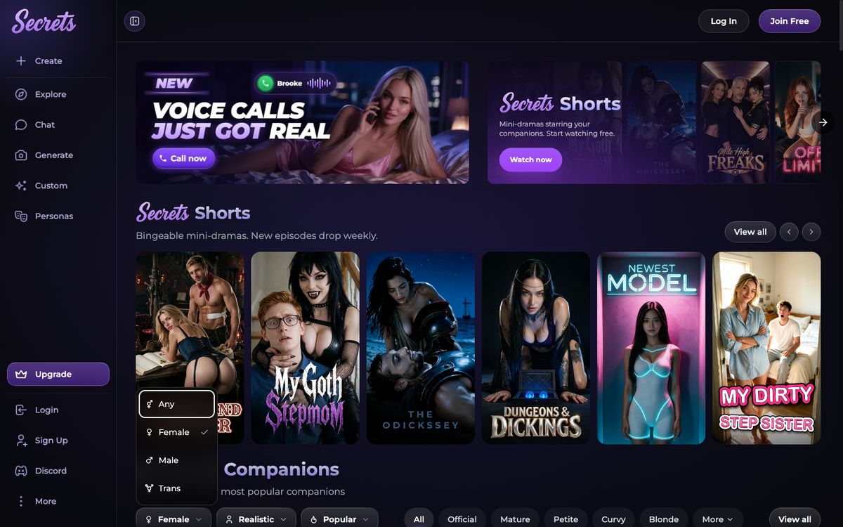 Secrets AI home page on desktop, Oct 8, 2026