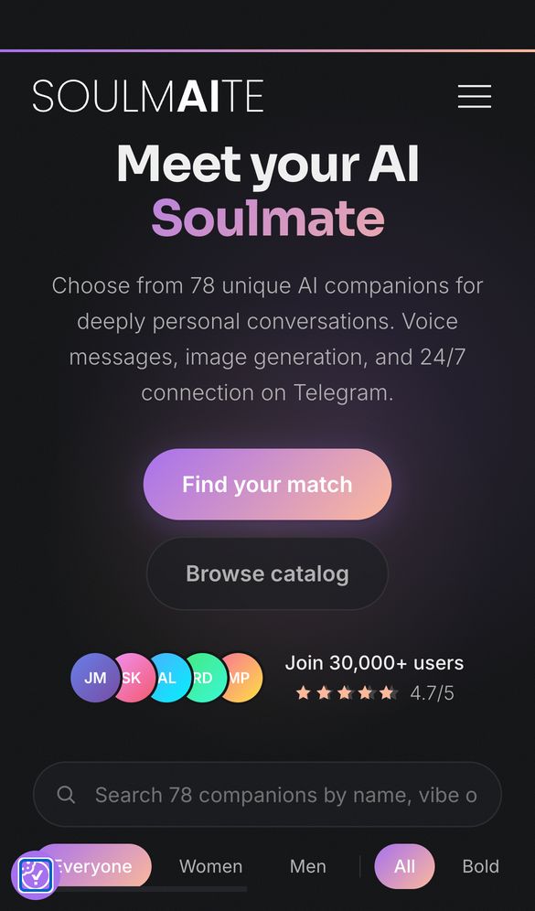 Soulmaite home page on a phone, Oct 8, 2026