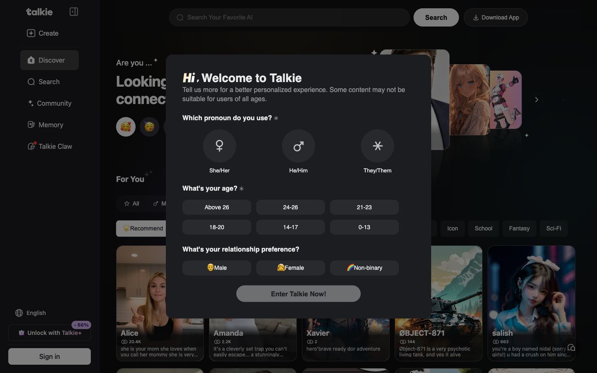 Talkie AI home page on desktop, Oct 8, 2026