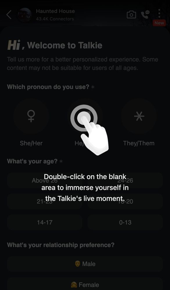 Talkie AI home page on a phone, Oct 8, 2026